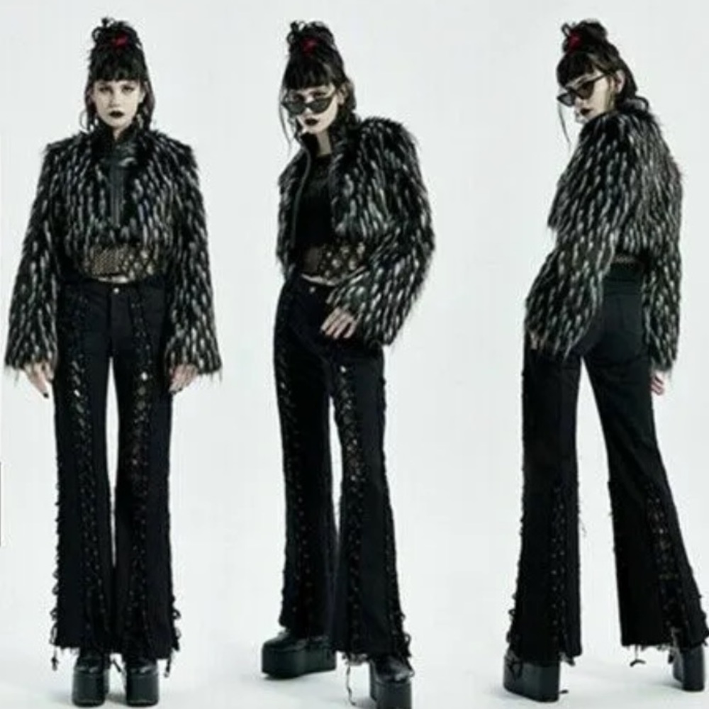 Punk Rave Gothic Black White Cropped Fur Jacket